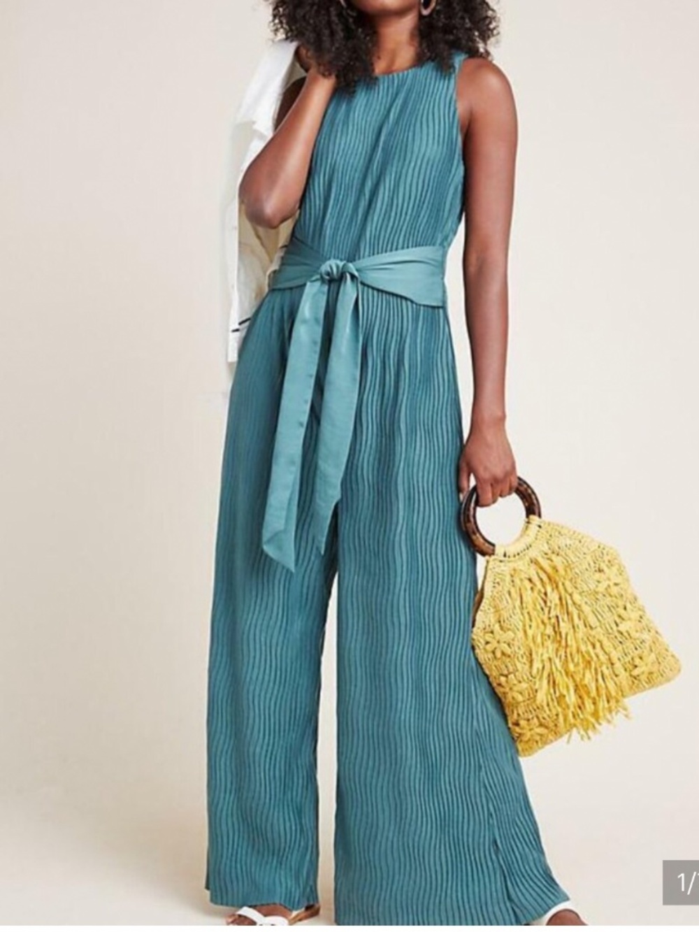 Anthropologie Marina Plisse Jumpsuit Wide Leg Sleeveless Belted Stretch Fabric